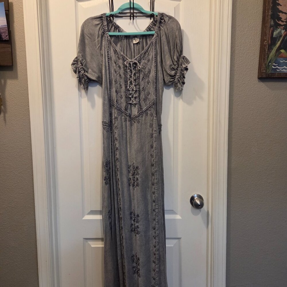 Embroidered Lace-Up Boho Maxi Dress | Romantic Cottagecore Gown XL - Picture 3 of 8